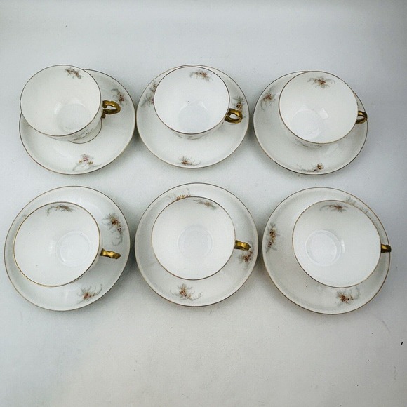 Limoges Elite 6 Cup & Saucer Set Lot Pink Yellow Floral Spray Gold Rim J.Mc.D&S - Picture 2 of 14